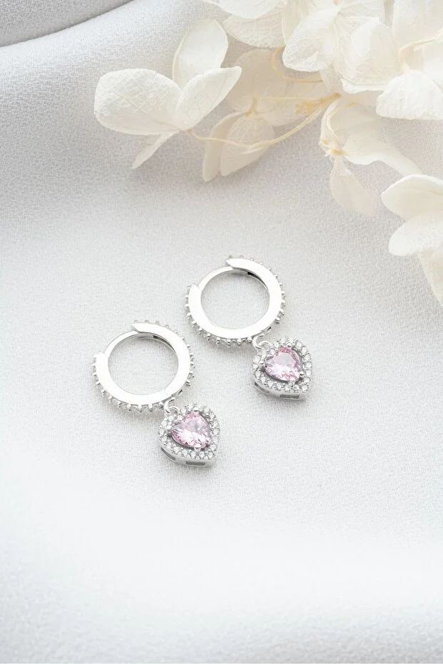 925 Ayar Gümüş Pembe Kalpli Küpe